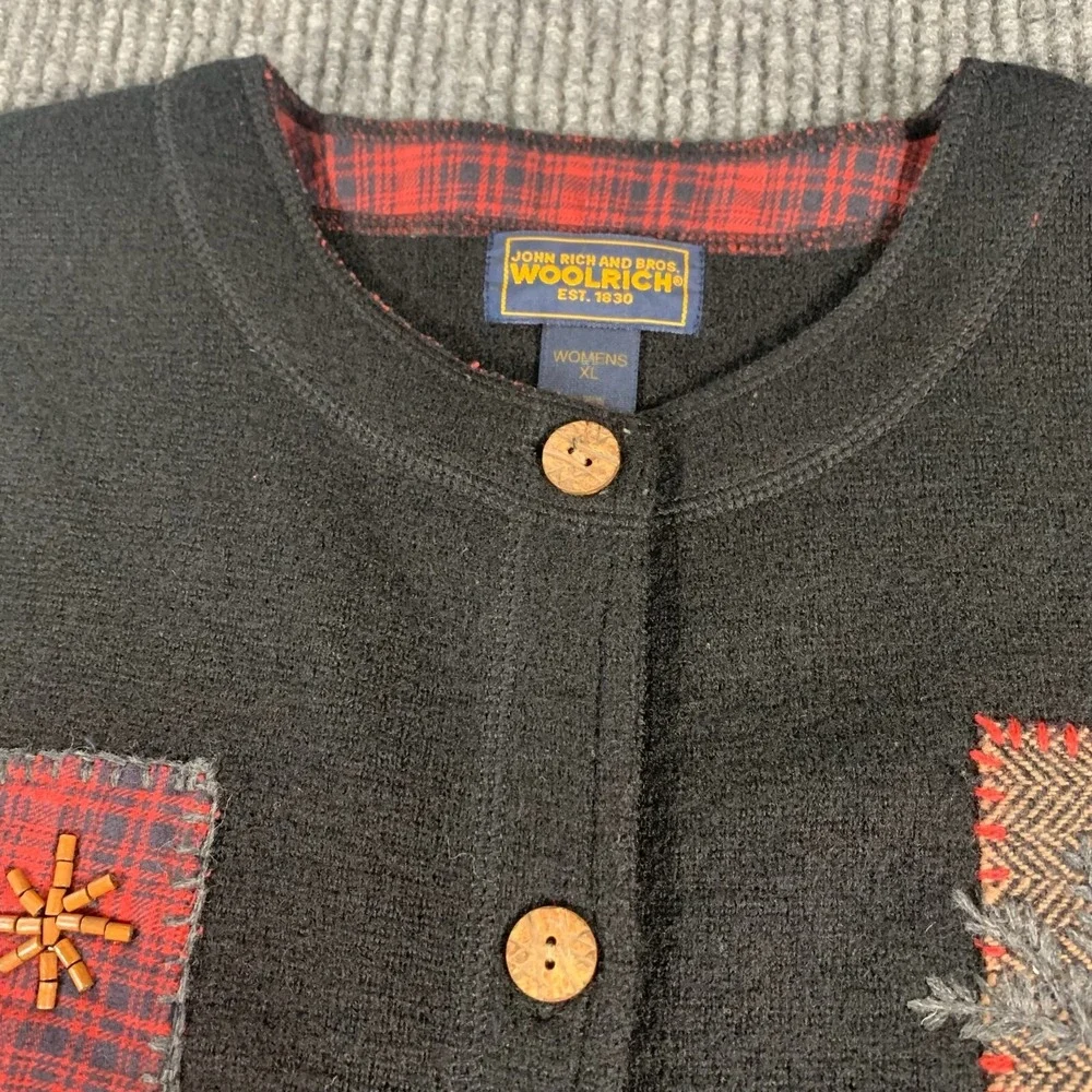 VTG Woolrich Sweater Vest Womens XL Black Wool Vest Patches Cottage Core Grandma - Picture 2 of 12